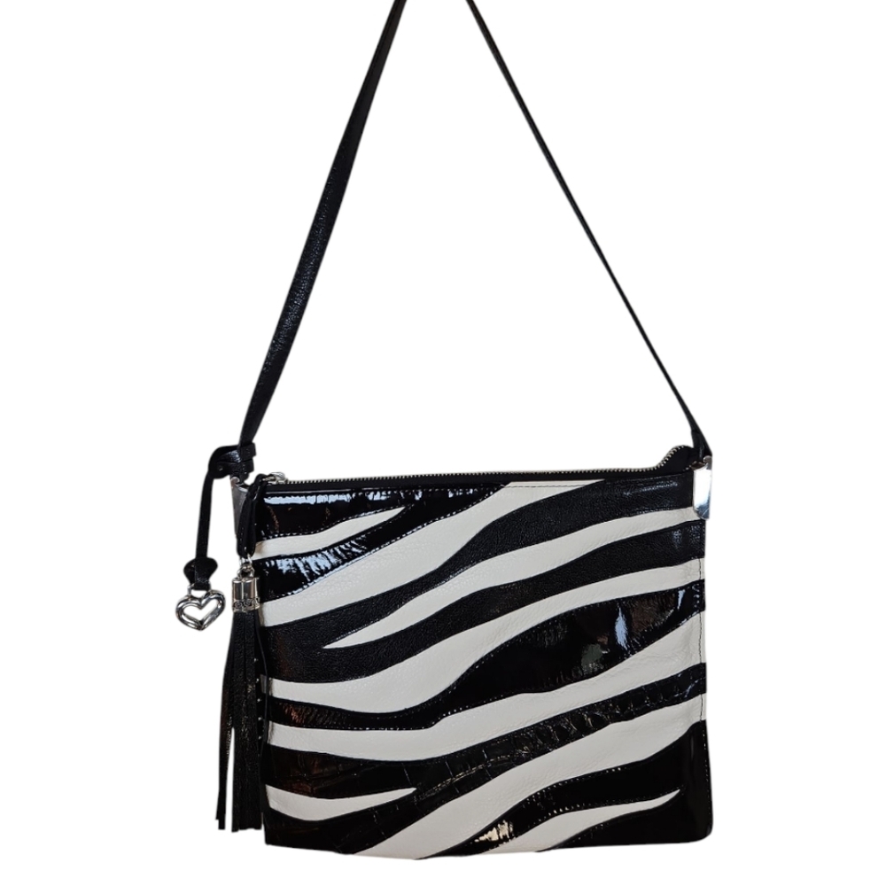 Brighton Zebra Patent Leather Crocodile Silver Hardware Shoulder Bag Purse